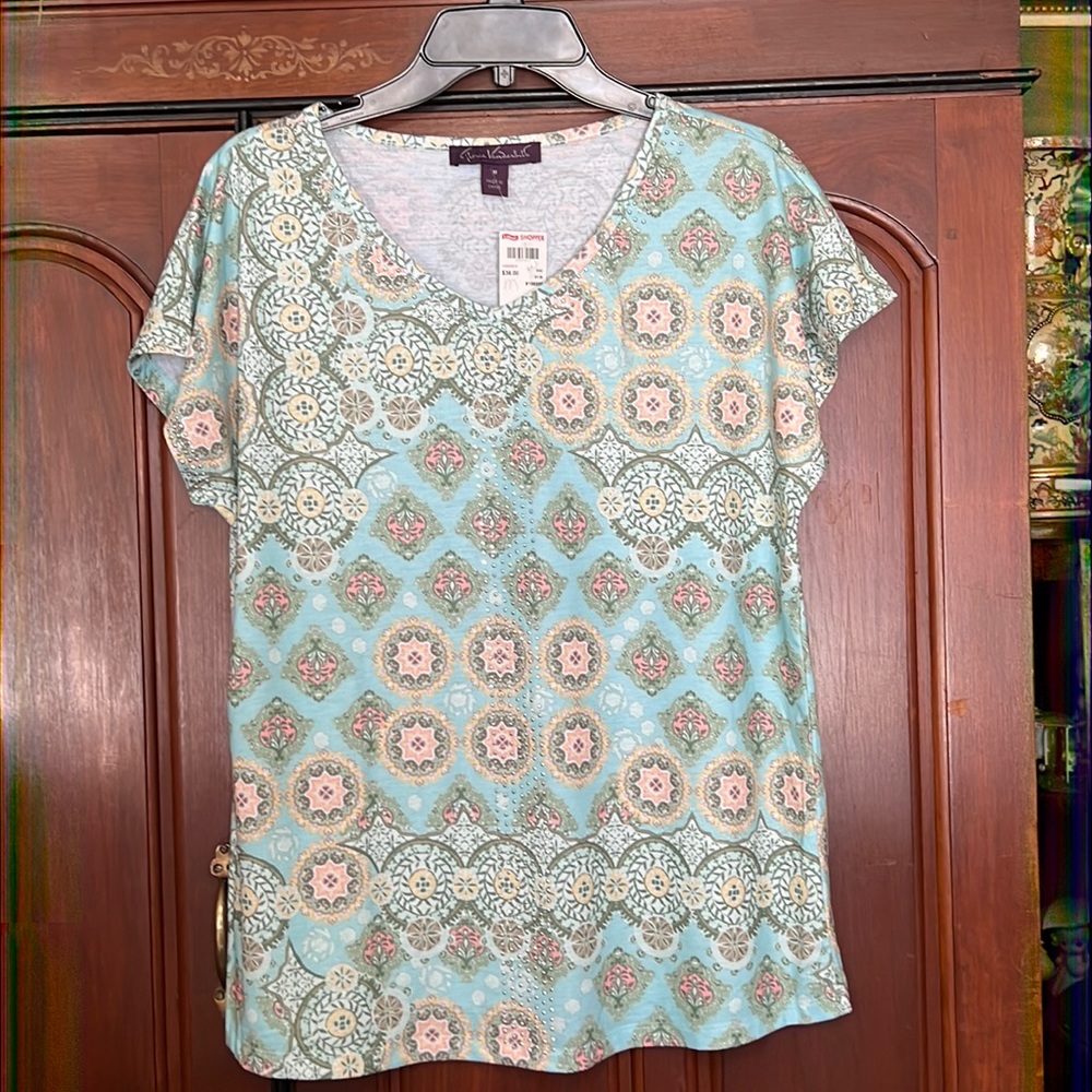 Gloria Vanderbilt BNWT Embellished Studded Cute Short Sleeve Shirt Size Medium